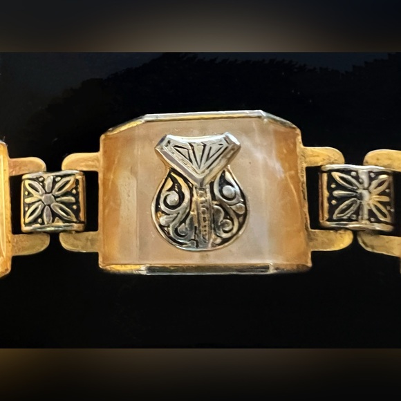 Vtg Damascene Style Lucite Insert Ornate Panel Bracelet - Picture 5 of 7